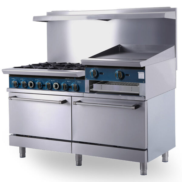Restaurant range hotel commercial kitchen gas cooker with griddle,6 burners,with 2 gas oven+24" griddle,306,000 BTU/h,heavy duty