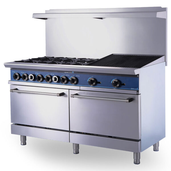 6 Burnes Commercial Range With Gas Oven And Gas Charbroiler,316,000 BTU/h,Heavy Duty,24" Grill,With 2 Ovens